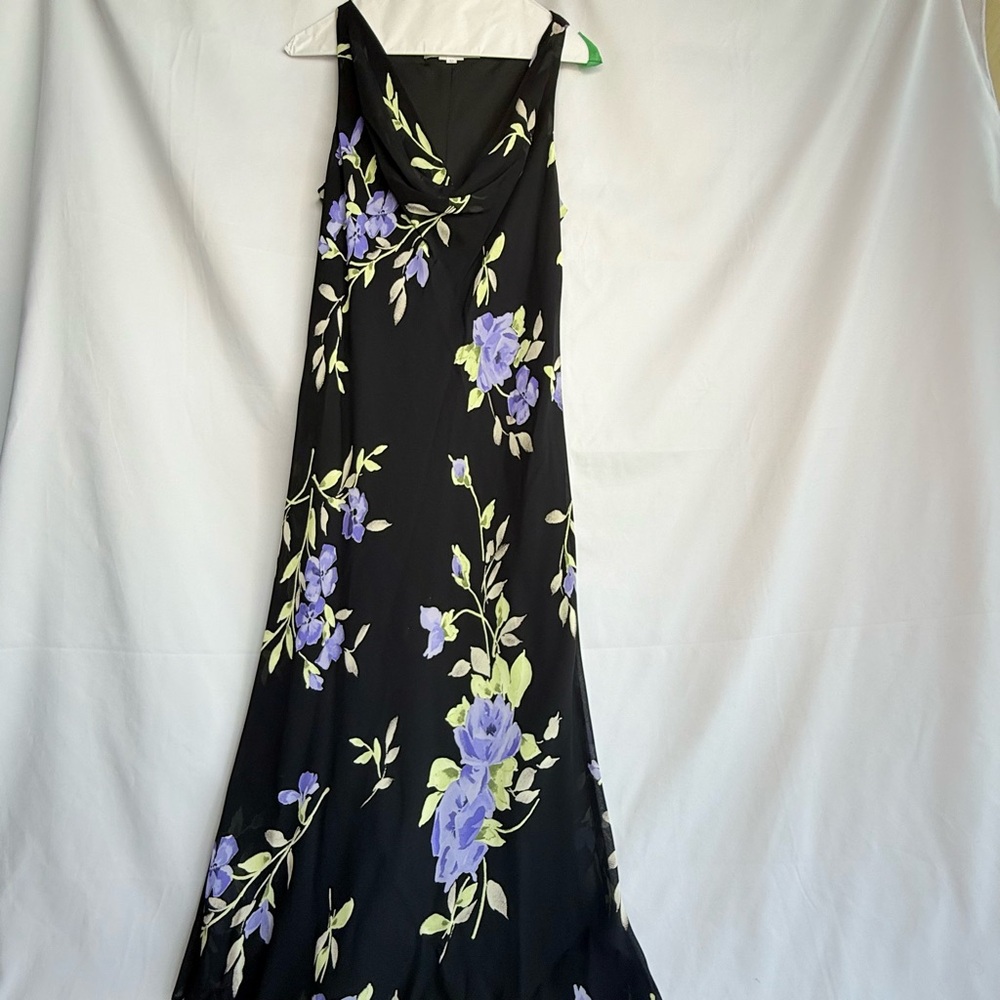 Vintage Jones New York Black Maxi Dress w Purple Floral Pattern & Draped Neck